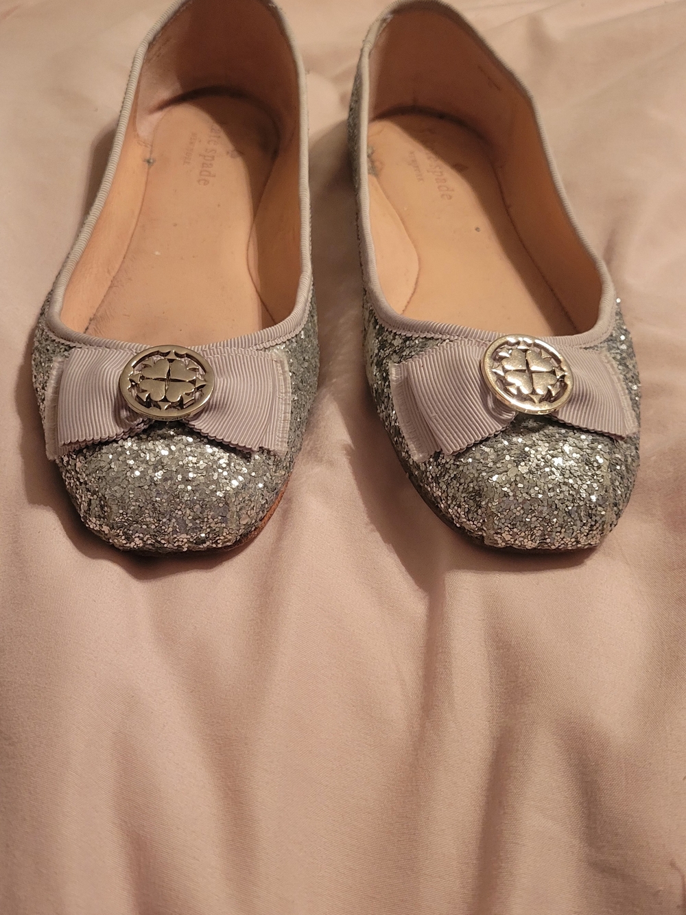 kate spade Silver Glitter Bow Flats with Logo Medallion